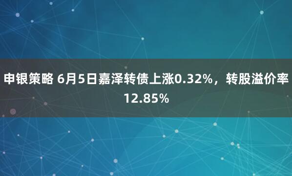 申银策略 6月5日嘉泽转债上涨0.32%，转股溢价率12.85%